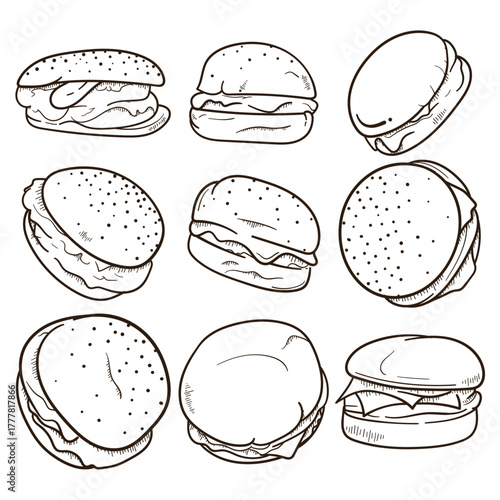 Set collection of burger food in hand drawn vector illustration. isolated on white background