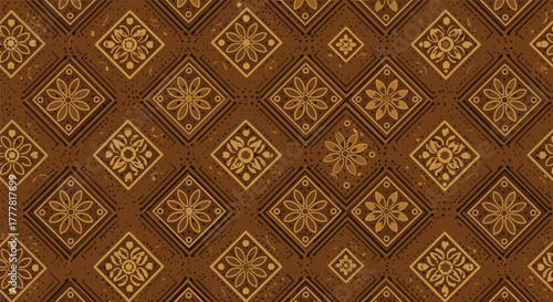 Vintage-inspired brown seamless pattern showcasing a rhythmic arrangement of floral motifs within rhombus shapes on a textured surface.