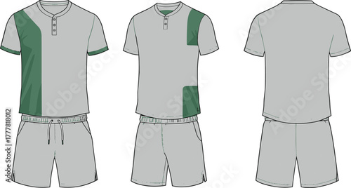 Men’s casual summer outfit, henley shirt, drawstring shorts, color block design, sporty fashion, front side back view, apparel illustration