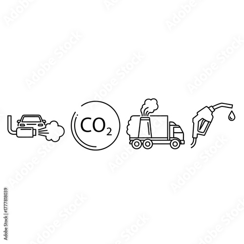 Line art illustration depicting environmental pollution sources: car exhaust, carbon dioxide symbol, truck emissions, and a dripping fuel nozzle.