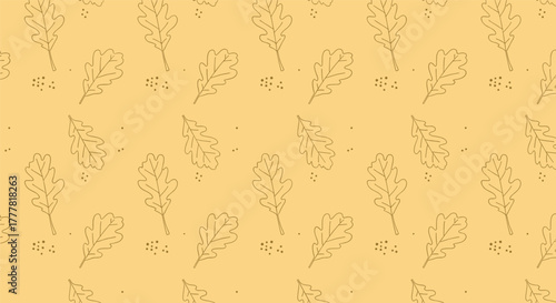 Seamless autumn pattern featuring hand-drawn oak leaf outlines and scattered dots on a warm, earthy yellow background.
