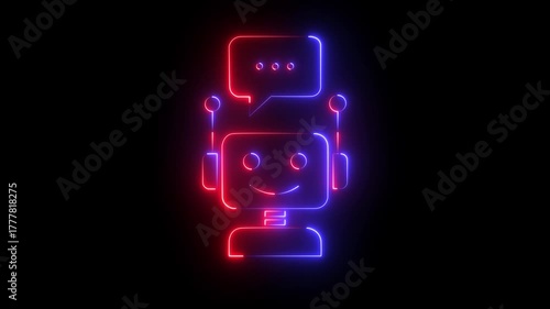 Futuristic animated red neon robot chatbot icon for artificial intelligence and technology concepts of assistance for communication and support . 4k motion graphic animation.