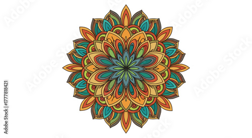 Vibrant and detailed mandala artwork with a complex floral design, showcasing a harmonious blend of teal, orange, and green hues.