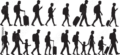 silhouette People with suitcase walking poses set vector illustration