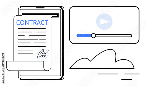 Smartphone with signed digital contract, video player screen, cloud graphic. Ideal for digital contracts, e-signatures, multimedia, cloud computing, online storage, remote work simple flat metaphor