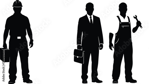 Silhouettes of workers and professionals, construction worker with toolbox, business professionals with briefcases, mechanic with wrench, occupation diversity vector illustration