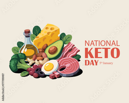 National Keto Day vector. High fat, low carb diet vector. Foods good for the ketogenic diet drawing. Healthy fat foods still life icon vector. January 5.