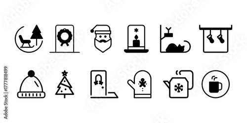 Minimal winter holiday vector pack with cozy home and Christmas elements Santa Claus, fireplace, tree, socks, hat, tea mug, and wreath. For warm hygge-style branding, winter postcards, templates.