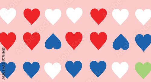 A repeating pattern of white, red, and blue hearts, including some inverted ones, and a single green heart on a soft pink background.