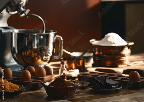 Sunlight spills across a wooden table laden with ingredients for baking. Flour, eggs, cocoa powder, and dark chocolate sit near a shiny stand mixer, ready to create a delicious treat