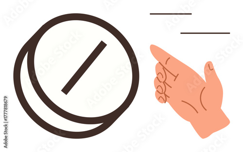 Hand positioned with a stop gesture next to a prohibition sign. Ideal for rejection, restriction, warning, denial, prevention, boundaries, decision-making concepts. Simple flat metaphor