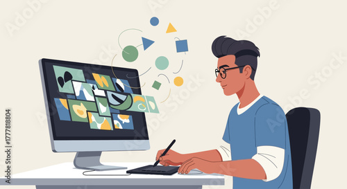 This flat design vector shows an animator deeply focused on creating digital art, symbolizing the creative process behind the animated works showcased at the London International Animation Festival. 