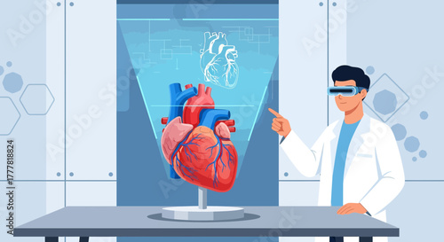 Doctor using augmented reality to visualize and analyze a heart hologram illustration