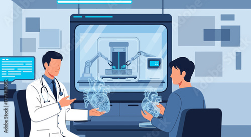 Doctors discussing 3D printed hearts and robotic surgery technology in the modern lab