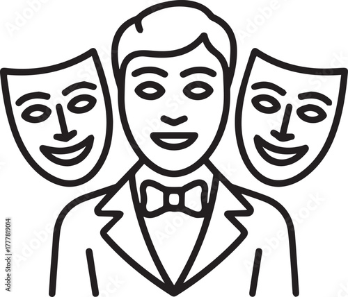 A man with masks, symbolizing duality, acting, and the complexities of human emotions and hidden identities in social interactions