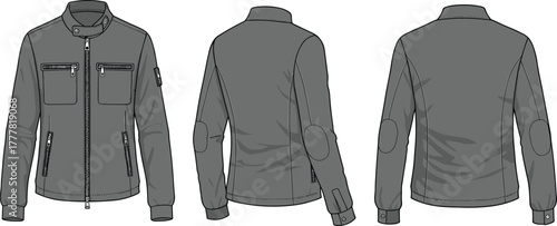 concept, casual wear, apparel template, jacket blueprint, textile drawing, menswear flat sketch, clothing vector, adjustable cuff, sleeve zipper, retail mockup, stock fashion asset