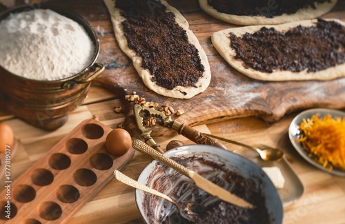 Canvastavla Bread dough is being prepared on a wooden board, generously covered with a dark, sweet paste