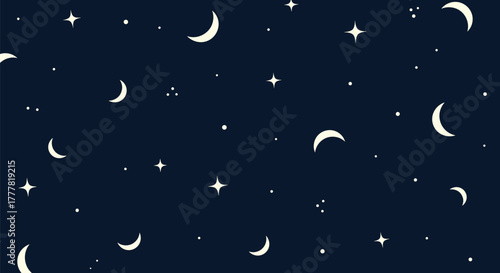 A dark blue night sky pattern adorned with various white crescent moons, sparkling stars, and tiny dots, creating a serene celestial design.