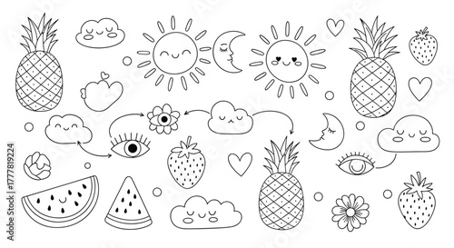 Cute hand-drawn doodle collection of summer fruits, celestial bodies, and whimsical elements in a charming black and white outline style.