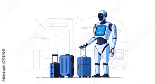 Futuristic airport scene featuring a robot porter with luggage automation and artificial