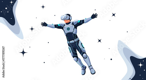Futuristic astronaut in virtual reality with starry galaxy background in cyberspace
