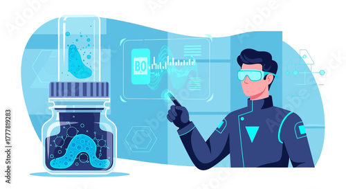 Futuristic biotechnology research concept featuring scientist and augmented reality interface