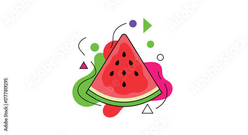A vibrant illustration features a juicy watermelon slice with black seeds, set against an abstract backdrop of colorful shapes, evoking summer freshness.