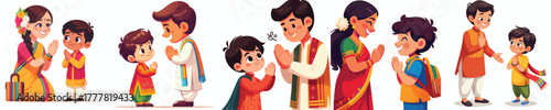 A small Indian child greets his teacher with the Namaste gesture.