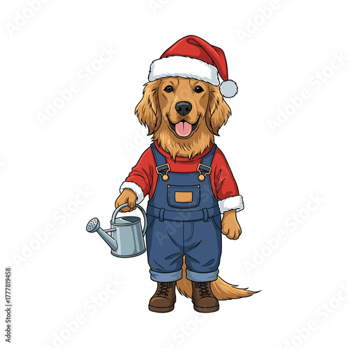 Golden retriever dog in overalls and Santa hat holding watering can cartoon christmas
