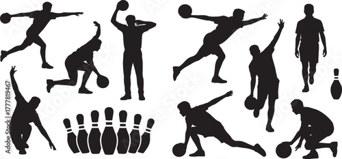 silhouette collection of bowling players in various action poses with bowling pins, sports activity vector illustration