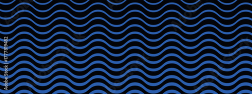 Wavy pattern with stripes thickness gradation. Vector background with horizontal curved blue lines on black backdrop