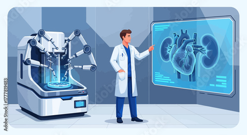 Futuristic healthcare concept featuring 3D bioprinting of human organs in medical lab environment