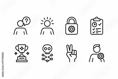 Conceptual Icon Set Representing Business Strategy and Personal Development isolated on white background