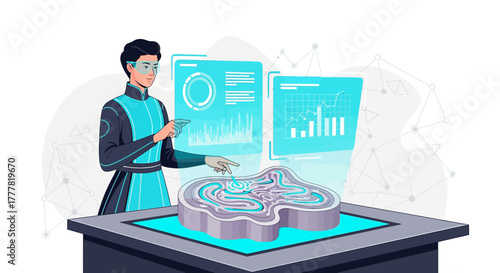 Futuristic scientist analyzing data on a holographic display of brain activity with advanced