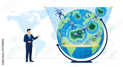 Global pandemic illustration with robots targeting viruses and a businessman presenting solutions
