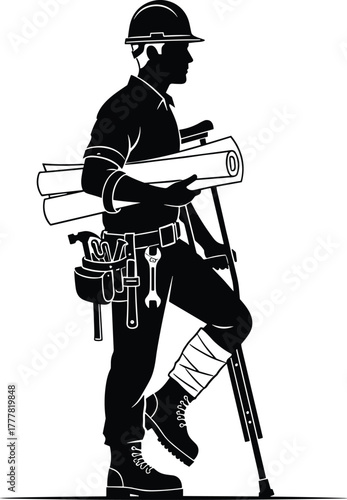 Injured construction worker silhouette, hard hat, crutches, tool belt, blueprint, resilience, safety, recovery, black vector, industrial labor illustration