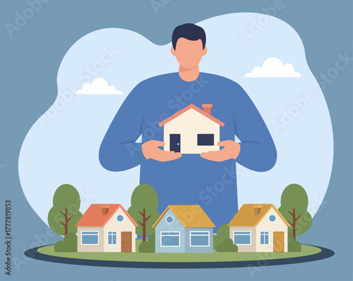Giant Man Holding House Over Colorful Neighborhood, Real estate investment, Home ownership protection, Community living scale, Property value growth, Dream home aspiration