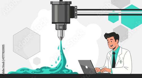 Illustration depicting a scientist operating advanced 3D printing technology in a laboratory setting