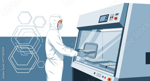 Illustration depicting a scientist in protective gear working inside a lab environment