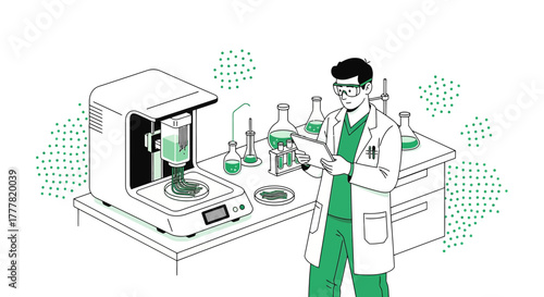 Illustration depicting a scientist using a 3D bioprinter in a modern laboratory setting for