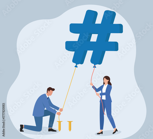 Business Duo Launching Giant Hashtag Balloon, Social Media Marketing, Viral Hashtag Campaign, Digital Trend Launch, Business Promotion Strategy, Online Engagement Boost