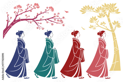 set of Traditional Hanfu dress silhouette vector illustration, isolated on white background