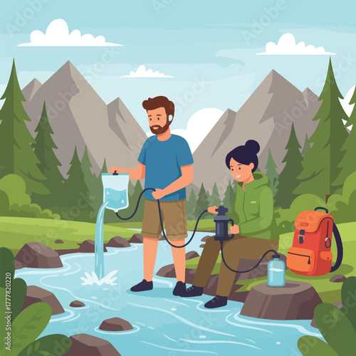 Two people filtering water in nature with mountains and trees in the background.