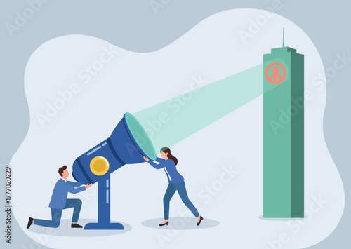 Spotlight on Forbidden Brand, Surveillance and Control in Corporate Identity, Surveillance spotlight shining on restricted brand logo, Collaborative effort in monitoring prohibited branding ideas,