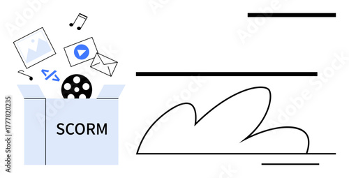 Open box labeled SCORM with multimedia items thumbs up images, music, video, document, and code emerging. Ideal for e-learning, education technology, digital resources, course design content