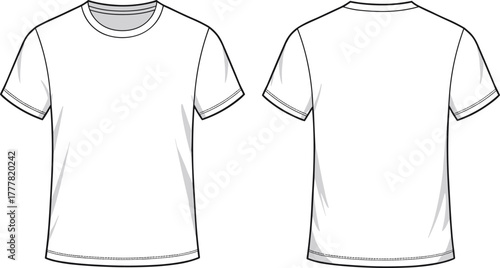 Plain white t-shirt front and back view, blank apparel mockup, round neck, short sleeve, fashion template, clothing design, minimal style