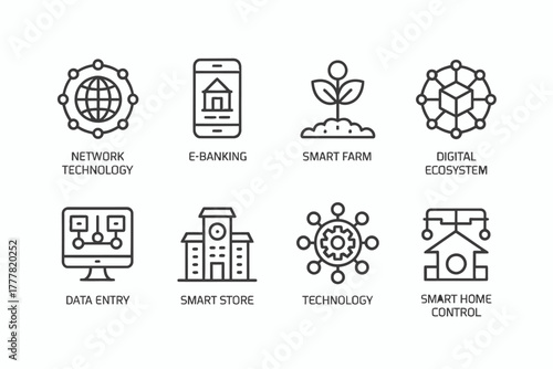 Illustrations depicting modern technological advancements including network technology ebanking smart farm digital ecosystem data entry smart store technology and smart home control