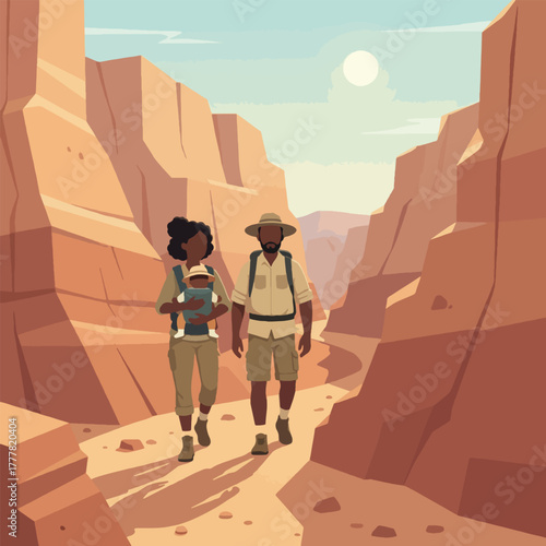 A couple with a baby in a carrier hiking through a scenic desert canyon on a sunny day.