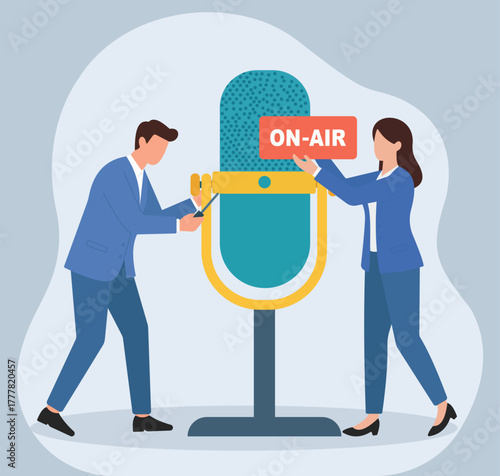 Professional Broadcast Team Going On-Air, Teamwork in broadcasting, Professional preparation for live session, Communication technology, Media production collaboration, On-air readiness