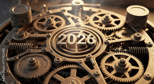 Golden gear mechanism representing future business and financial planning for year 2026. intricate industrial machine suggests hopeful outlook and complex strategy